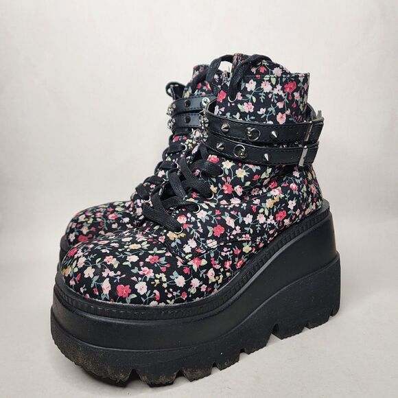 Demonia Shaker 52 Boots Platform Black Floral Womens 8 Spike Goth Grunge - Picture 4 of 15